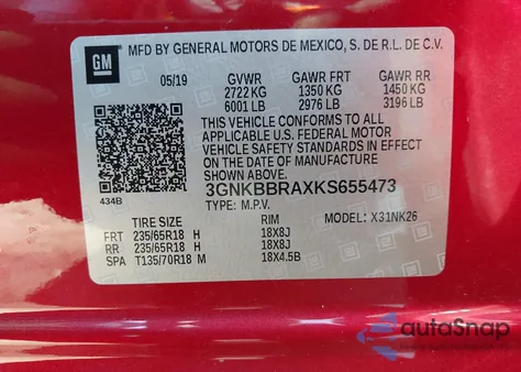 2019 Chevrolet Blazer из США, поврежденный, VIN 3GNKBBRAXKS655473